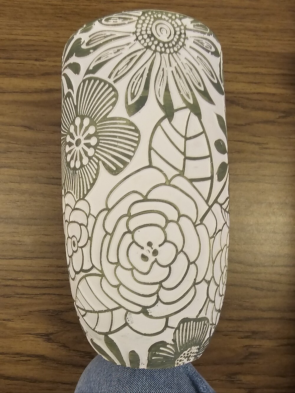 White Ceramic Vase with Green Floral Motif